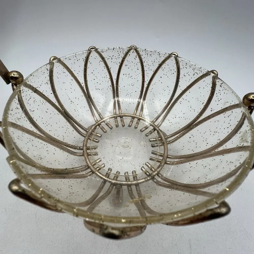 Vintage Atomic Gold Wire Lucite Basket Candy Dish Bowl 8